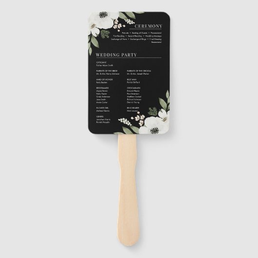 Modern Black Floral Botanical Wedding Programme Handwaaier (Achterkant)