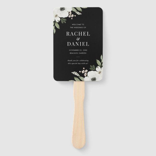 Modern Black Floral Botanical Wedding Programme Handwaaier (Voorkant)