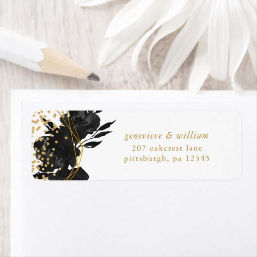 Modern Black Floral Faux Gold Geometric Wedding Etiket (Insitu)