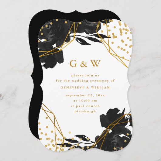 Modern Black Floral Faux Gold Geometric Wedding Kaart (Voorkant / Achterkant)