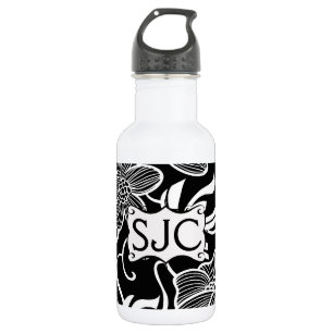 Modern Black Floral French Flourish Name Bord Waterfles