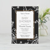 Modern Black Floral Gold Baby shower Invitation Kaart (Staand voorkant)