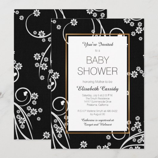 Modern Black Floral Gold Baby shower Invitation Kaart (Voorkant / Achterkant)