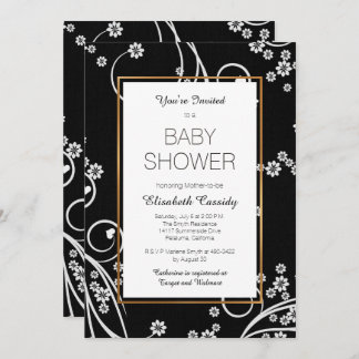 Modern Black Floral Gold Baby shower Invitation Kaart