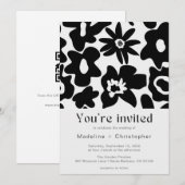 Modern Black Floral QR Code Wedding Kaart (Voorkant / Achterkant)