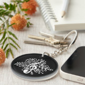 Modern Black Floral Treble Clef Music Sleutelhanger (Voorkant Rechts)