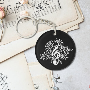 Modern Black Floral Treble Clef Music Sleutelhanger