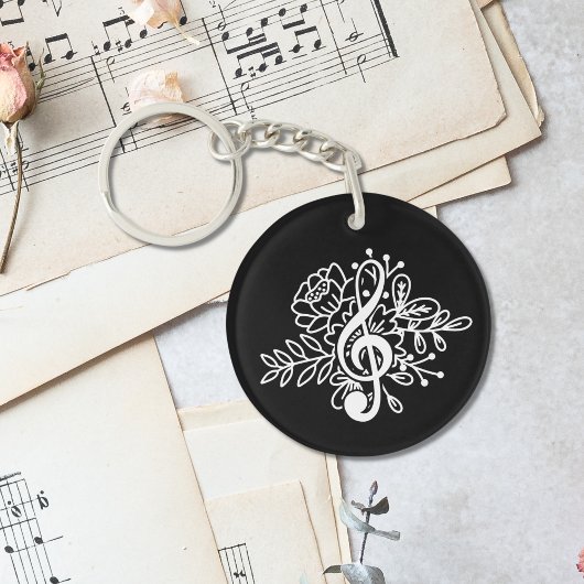 Modern Black Floral Treble Clef Music Sleutelhanger