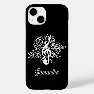 Modern Black Floral Treble Clef Musician Choir Case-Mate iPhone 14 Hoesje