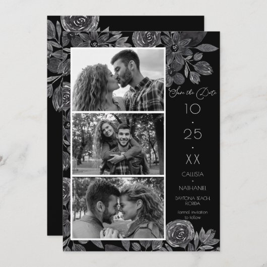 Modern Black Floral Waterverf Photo Wedding Save The Date (Voorkant / Achterkant)