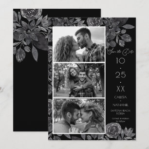 Modern Black Floral Waterverf Photo Wedding Save The Date
