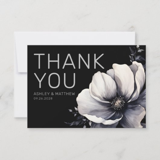 Modern Black Floral Wedding Bedankkaart (Voorkant)