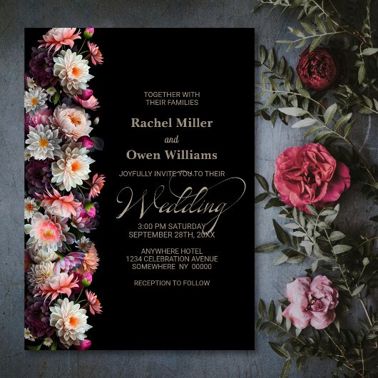 Modern Black Floral Wedding Kaart