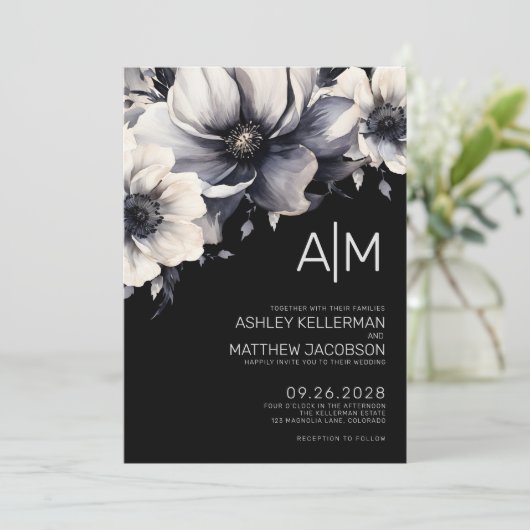 Modern Black Floral Wedding Kaart (Staand voorkant)