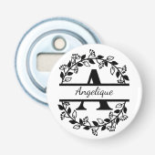Modern Black Floral Wreath Split Monogram "A" Button Flesopener (Voorkant)