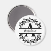 Modern Black Floral Wreath Split Monogram "A" Magneet (Voorkant / Achterkant)
