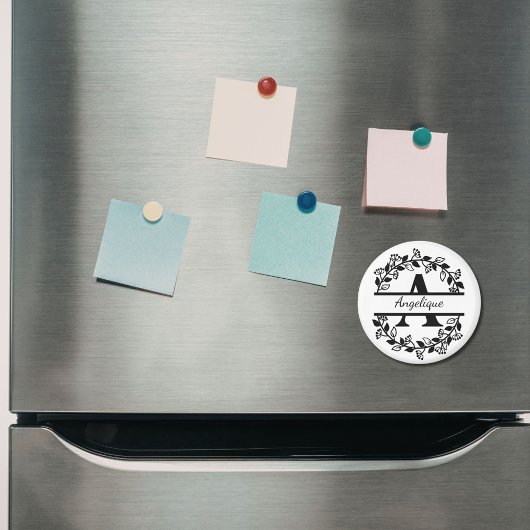 Modern Black Floral Wreath Split Monogram "A" Magneet