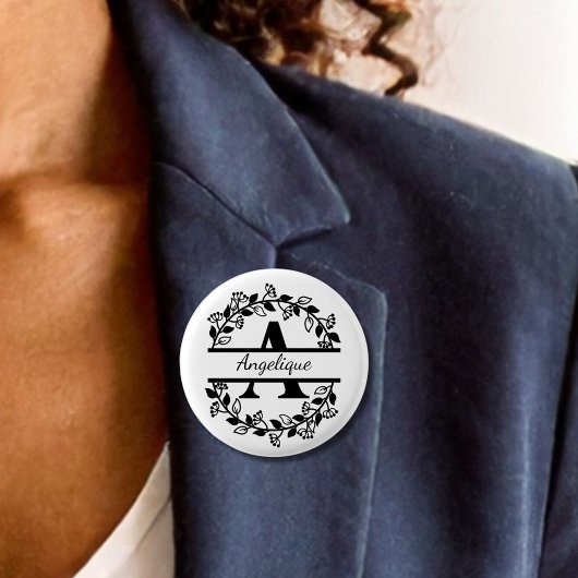 Modern Black Floral Wreath Split Monogram A Round Ronde Button 3,2 Cm