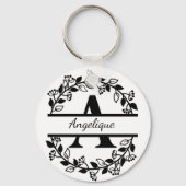Modern Black Floral Wreath Split Monogram "A" Sleutelhanger (Voorkant)