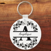 Modern Black Floral Wreath Split Monogram "A" Sleutelhanger (Voorkant)