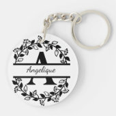 Modern Black Floral Wreath Split Monogram "A" Sleutelhanger (Achterkant)