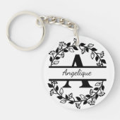 Modern Black Floral Wreath Split Monogram "A" Sleutelhanger (Voorkant)