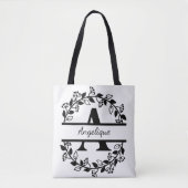 Modern Black Floral Wreath Split Monogram "A" Tote Bag (Voorkant)