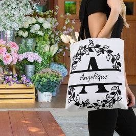 Modern Black Floral Wreath Split Monogram "A" Tote Bag