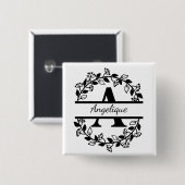 Modern Black Floral Wreath Split Monogram "A" Vierkante Button 5,1 Cm (Voorkant /achterkant)