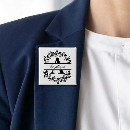 Modern Black Floral Wreath Split Monogram "A" Vierkante Button 5,1 Cm