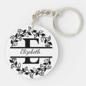 Modern Black Floral Wreath Split Monogram "E" Sleutelhanger (Achterkant)