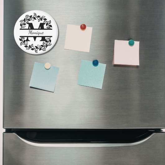 Modern Black Floral Wreath Split Monogram "M" Magneet