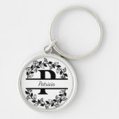 Modern Black Floral Wreath Split Monogram "P" Sleutelhanger (Voorkant)