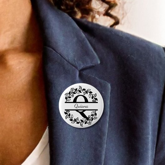 Modern Black Floral Wreath Split Monogram "Q Round Ronde Button 3,2 Cm