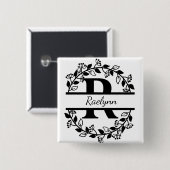 Modern Black Floral Wreath Split Monogram "R" Vierkante Button 5,1 Cm (Voorkant /achterkant)