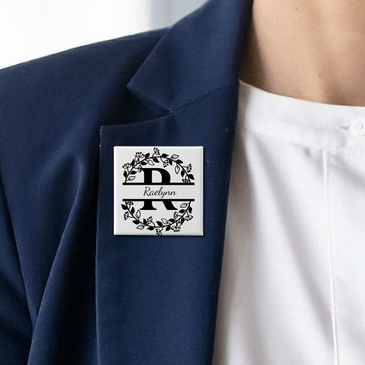 Modern Black Floral Wreath Split Monogram "R" Vierkante Button 5,1 Cm