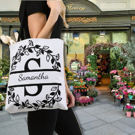 Modern Black Floral Wreath Split Monogram "S" Tote Bag