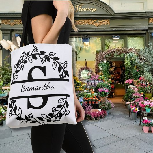Modern Black Floral Wreath Split Monogram "S" Tote Bag