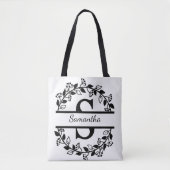 Modern Black Floral Wreath Split Monogram "S" Tote Bag (Voorkant)