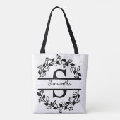 Modern Black Floral Wreath Split Monogram "S" Tote Bag (Achterkant)