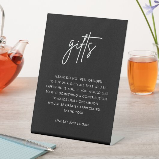 Modern Black Gift Registry Honeymoon Wedding Reclamebord Met Voetstuk (Insitu)