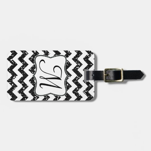 Modern Black Glitter Chevron Monogram Bagagelabel (Voorkant horizontaal)