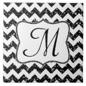 Modern Black Glitter Chevron Monogram Display Tile Tegeltje (Voorkant)