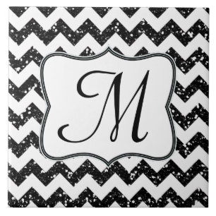 Modern Black Glitter Chevron Monogram Display Tile Tegeltje