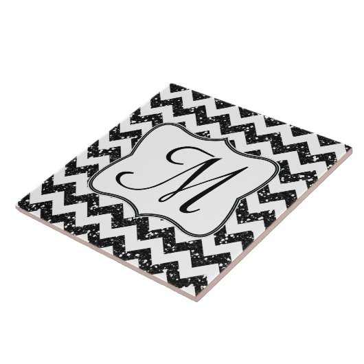 Modern Black Glitter Chevron Monogram Display Tile Tegeltje (Zijkant)