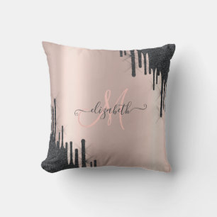 Modern Black Glitter Drift Roos Gold Monogram Kussen