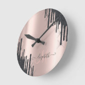 Modern Black Glitter Drift Roos Gold Monogram   Ronde Klok (Hoek)