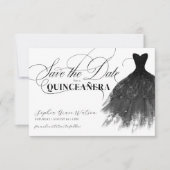 Modern Black Glitter Girly Dress Quinceanera Save The Date (Voorkant)