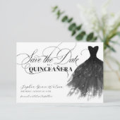 Modern Black Glitter Girly Dress Quinceanera Save The Date (Staand voorkant)
