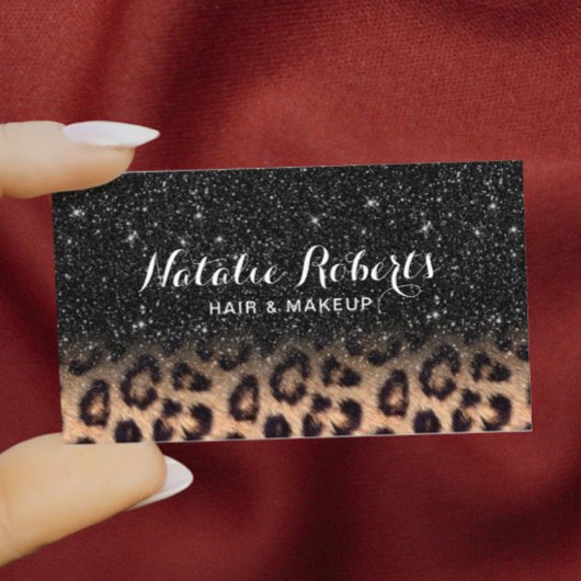 Modern Black Glitter Leopard Beauty Salon Visitekaartje